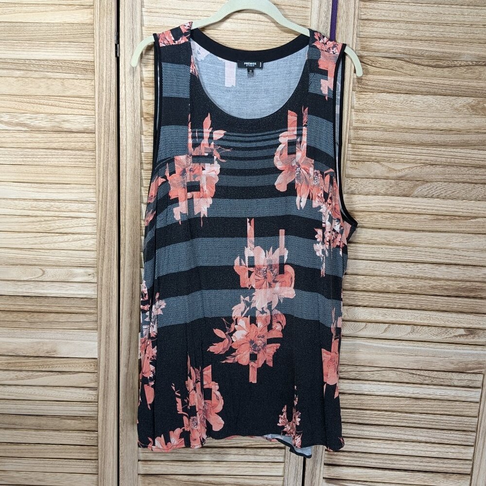 Premise Studio Tank Top Floral Striped Sleeveless Top Black/Gray/Coral Size 2X